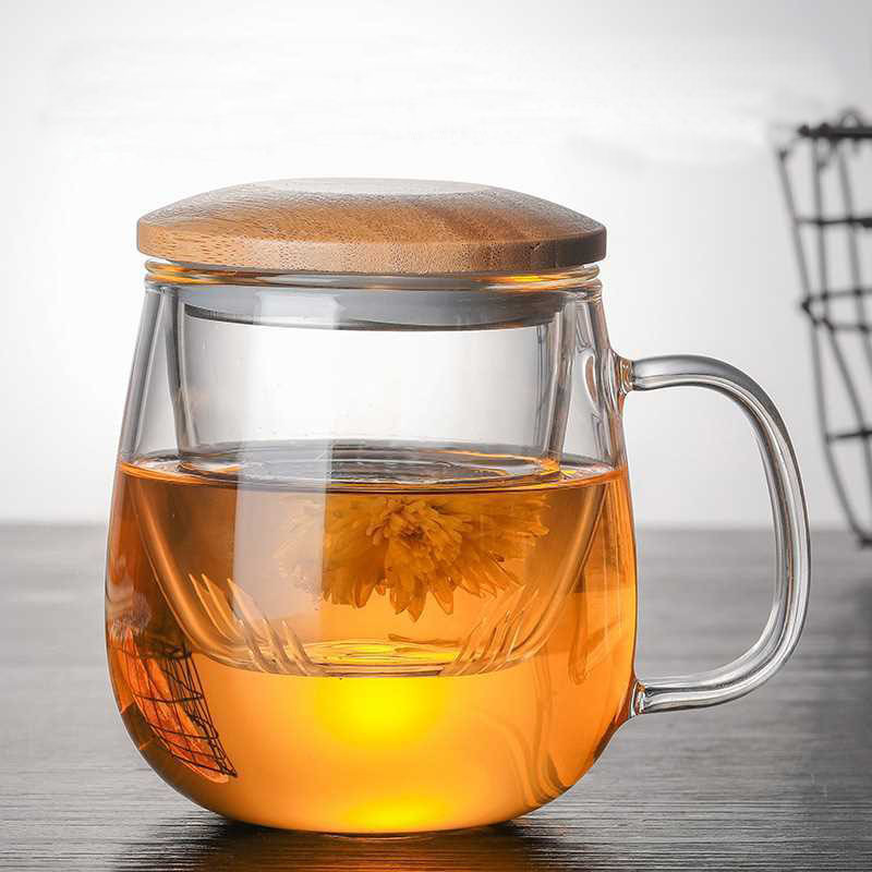 Taza de té de vidrio de borosilicato taza de agua de oficina para hombres y mujeres con tapa de bambú flor taza de té filtro de separación de té taza de té
