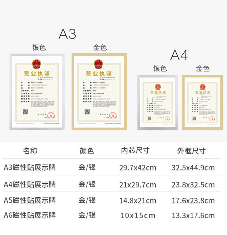 A2A3A4营业执照房源信息奖状海报照片保护膜磁吸磁性相框展示贴详情7
