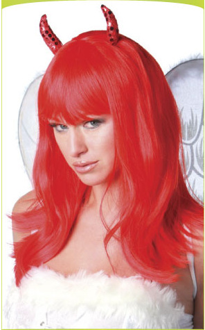 Fabricante pequeño diablo rojo lindo extraño charlo en línea Halloween pelucas de pelo largo fiesta cosplay