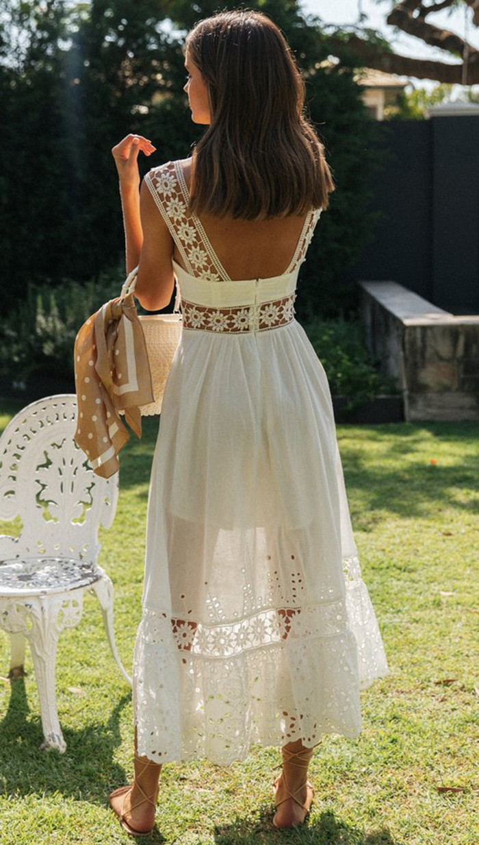Long  Lace Stitching Big Swing Bohemian White Beach Dress - Bohemian White Beach Dress - Uniqistic.com