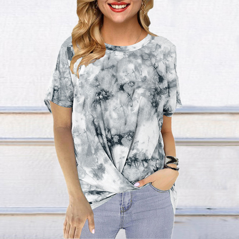 Tie Dye Printed Round Neck Short-Sleeved Twisted T-Shirt NSYHY106401