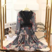 现货 2025春新款优雅淑女修身水墨蕾丝V领九分袖中长款连衣裙