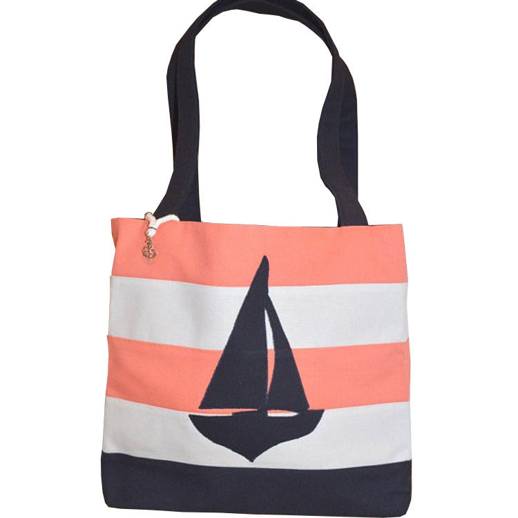 厂家直销帆布手提袋帆船图案logo可定购物帆布袋环保手提沙滩包