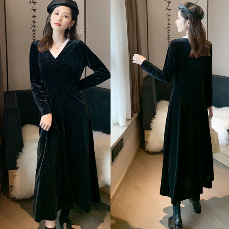 大码连衣裙秋冬季新款复古简约气质显瘦金丝绒长袖连衣裙打底长裙