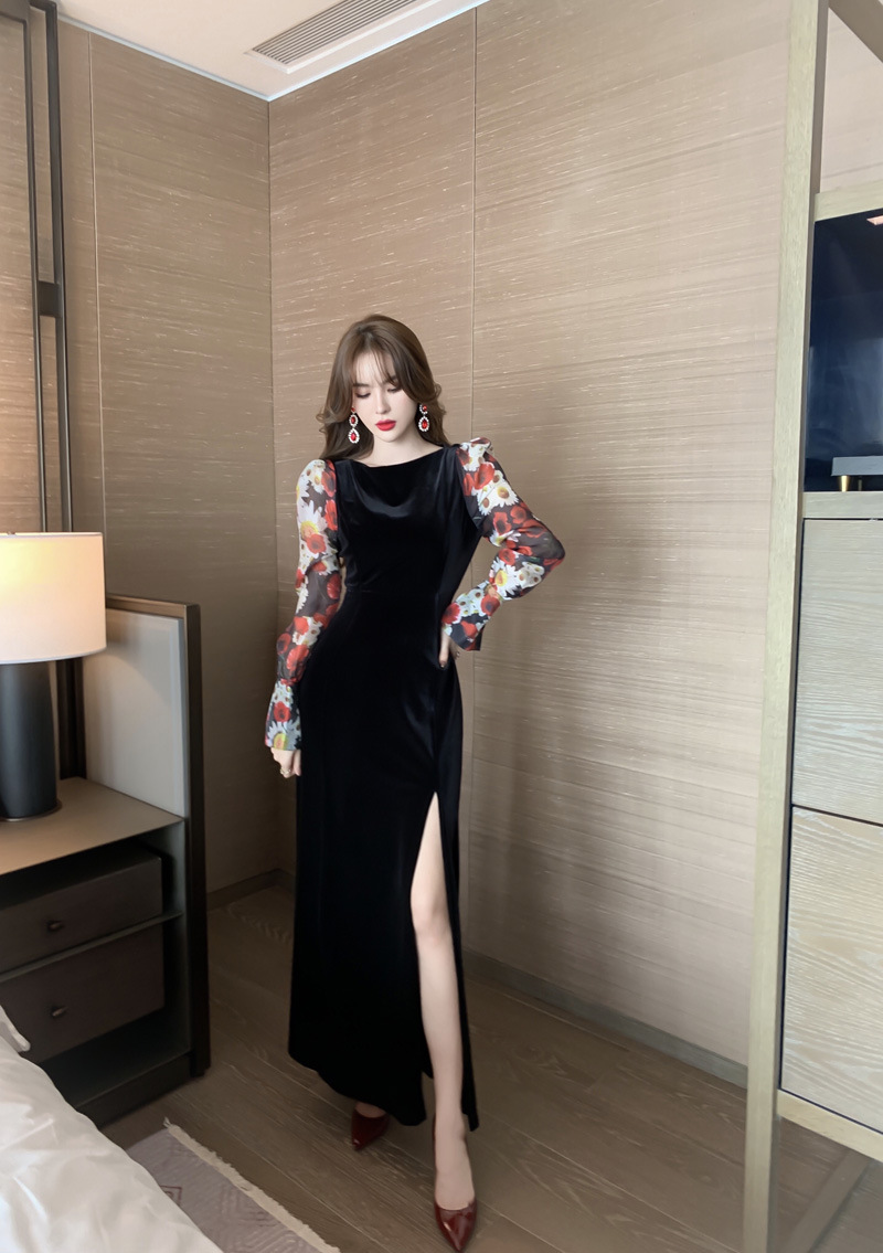 Đầm liền thân nhung đen dài tay in họa tiết retro dáng ôm — Màu đen chi tiết 18