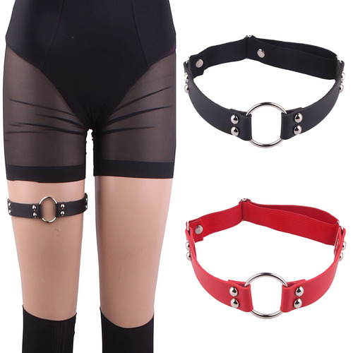 Japanese and Korean soft girl sexy PU wide thigh circle leg chain Internet celebrity trendy female leather big ring mushroom nail leg ring