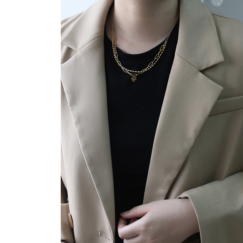 Retro Round Brand Double Round Bead Bracelet Necklace Set