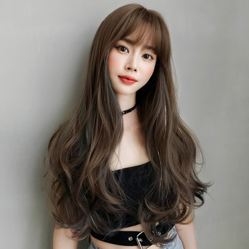 Wavy Hair Wigs Wig female long hair full head set color belt flash wig big wave inner buckle