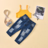 Suspender strip top + European and American wind break open bag jeans suit for children