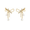 Design earrings with bow from pearl, fashionable zirconium, simple and elegant design, trend of season, internet celebrity, micro incrustation