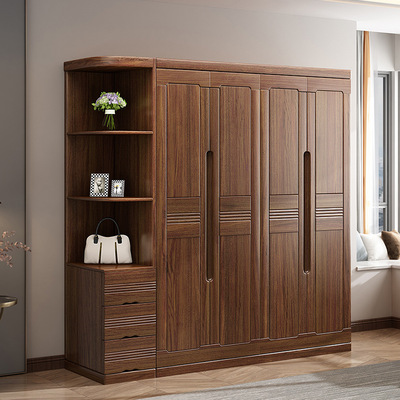 批发胡桃木衣柜三门四门五门六门大容量卧室转角加顶拆装衣橱柜子