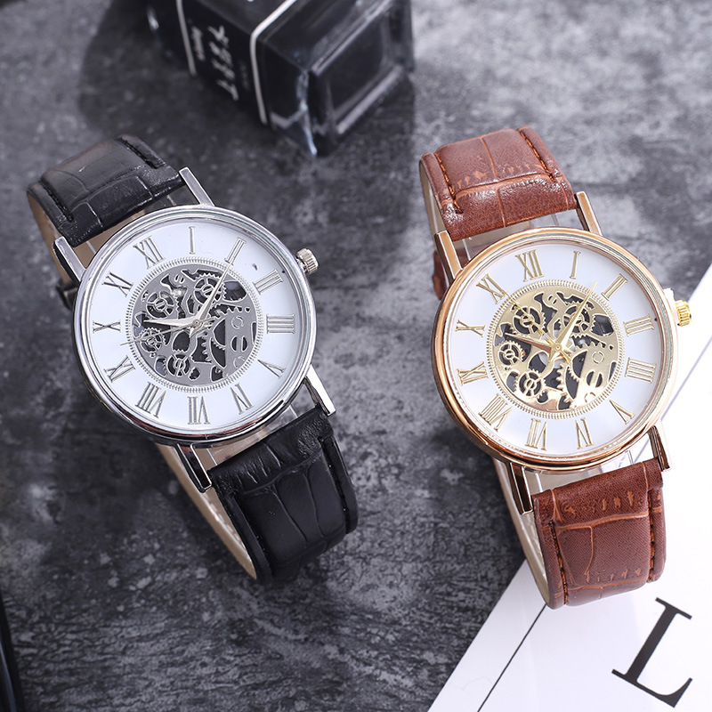 Sales Leisure Couple Roman Hollow Fashion Mechanical Quartz Belt Watch_voghion.com