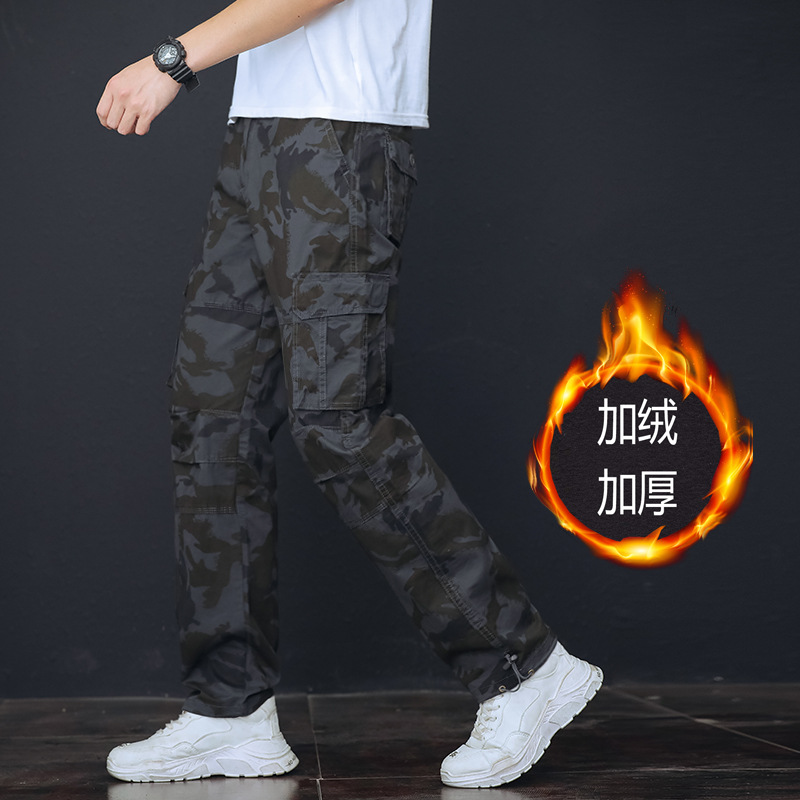 Otoño e Invierno nuevo multi-Bolsillo overoles de los hombres sueltos pantalones casuales rectos de algodón más tamaño cintura elástica pantalones largos resistentes al desgaste