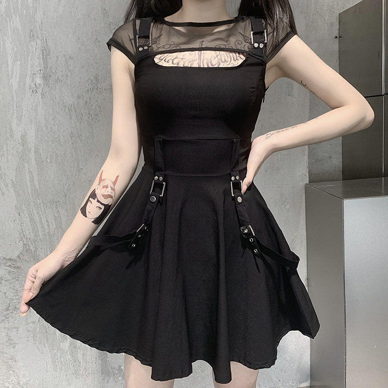 Punk Dark Style Perspective Mesh Stitching Backless Dress NSGYB99100