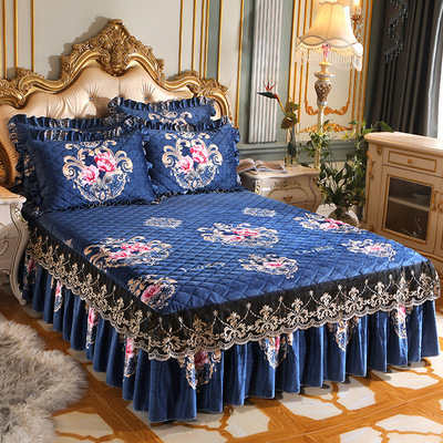 winter thickening crystal Cotton clip Bed skirt singleton keep warm milk Lace flowers and plants Bedspread The bed Supplies