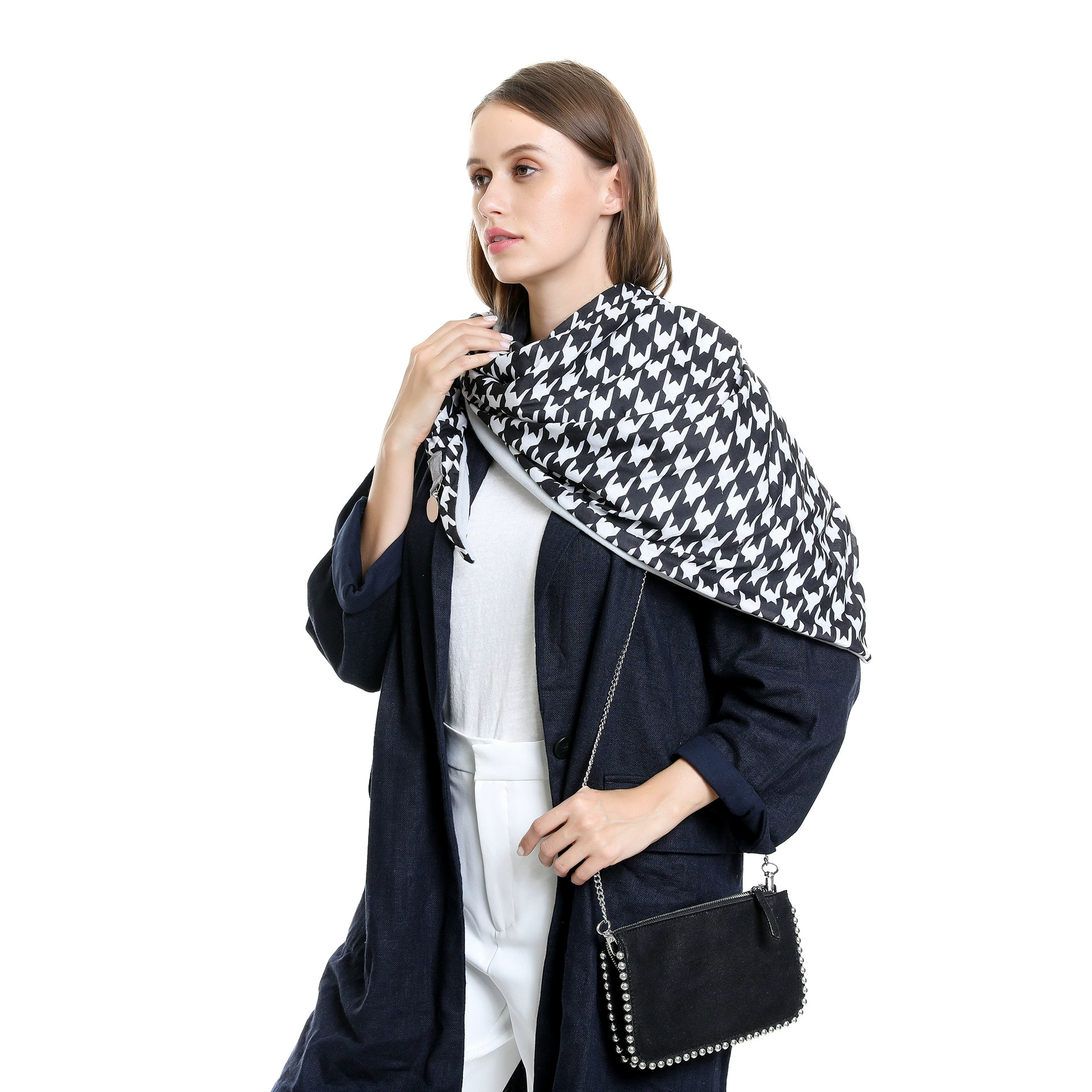 Шарф из акрила 150×75 см, легкая модная накидка, черный в клетку "houndstooth"