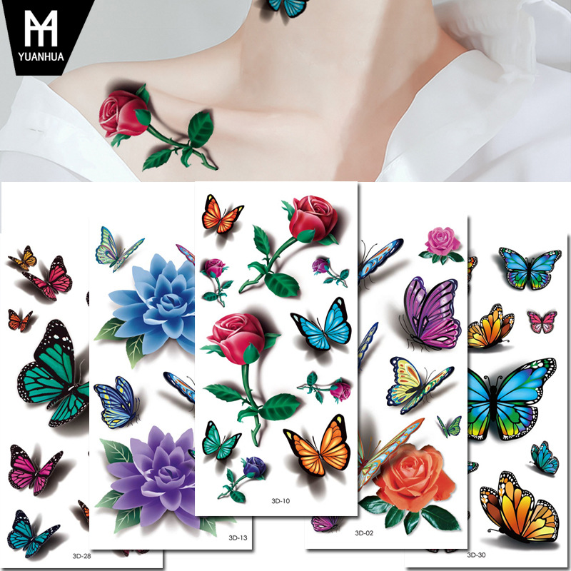 Rose Tattoo 3D Trill Net Red Printing Tattoo stickers butterfly Flower Waterproof tattoos