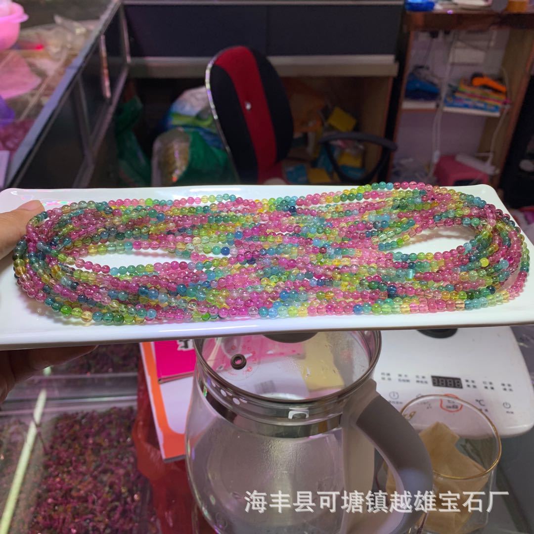 越雄珠宝 天然水晶石糖果彩虹碧玺佛珠毛衣链饰品配饰DIY厂家批发|ms