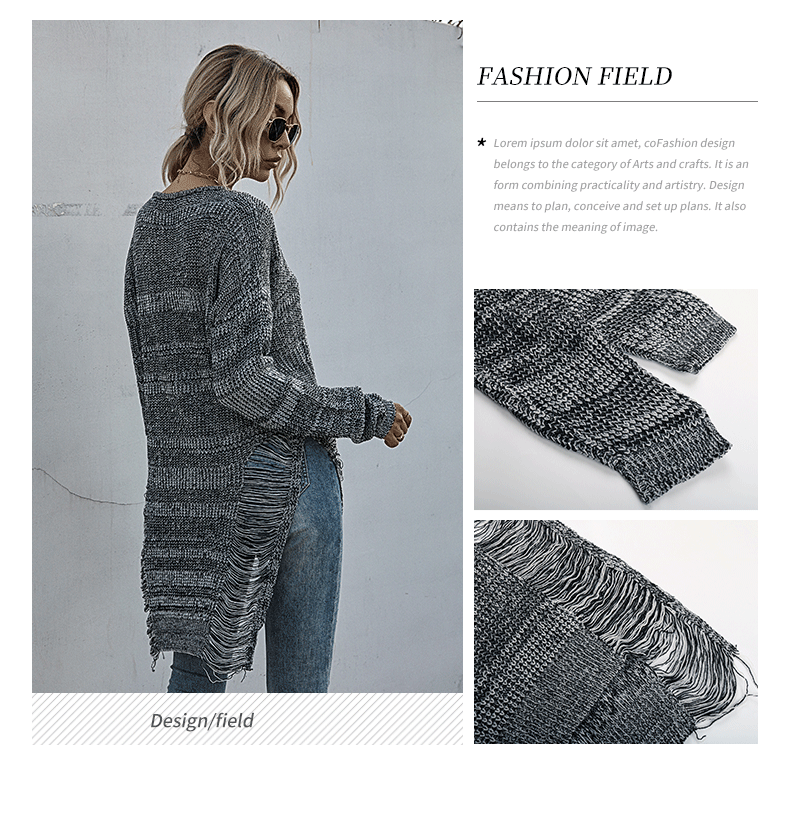 Einfarbiger, langärmeliger Rundhalspullover mit Rissen im Waldstil_voghion.com