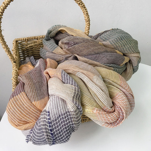 Japanese colorful plaid striped cotton and linen scarf spring and summer thin breathable sun protection silk scarf neck shawl new wholesale