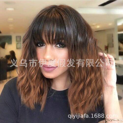 European and American medium-length curly synthetic water wave lace front wig with high-temperature silk braids, women's red wine full wig