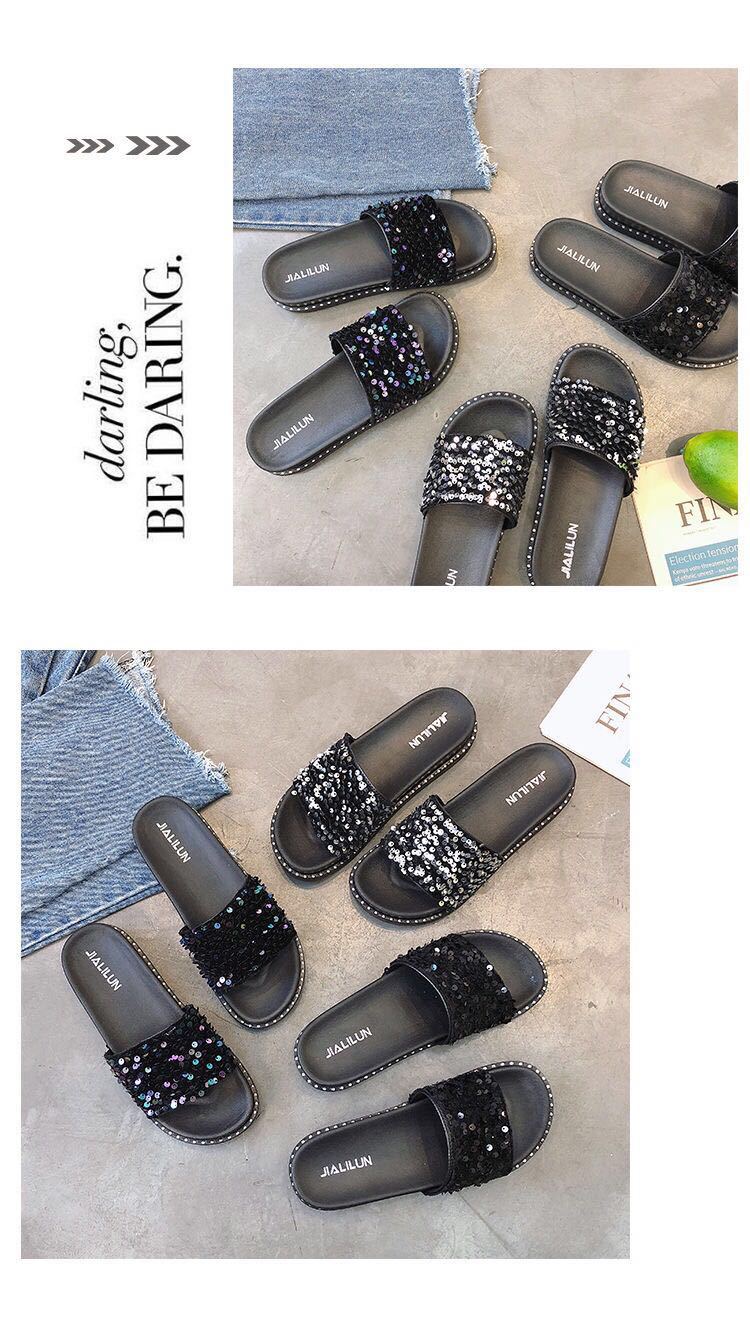 Pailletten-Mode-Hausschuhe für Damen, Sommer, koreanische Muffin-Schuhe mit dicken Sohlen, Oberbekleidung im neuen Stil, koreanischer flacher Boden, einzeilige Hausschuhe, Studenten_voghion.com