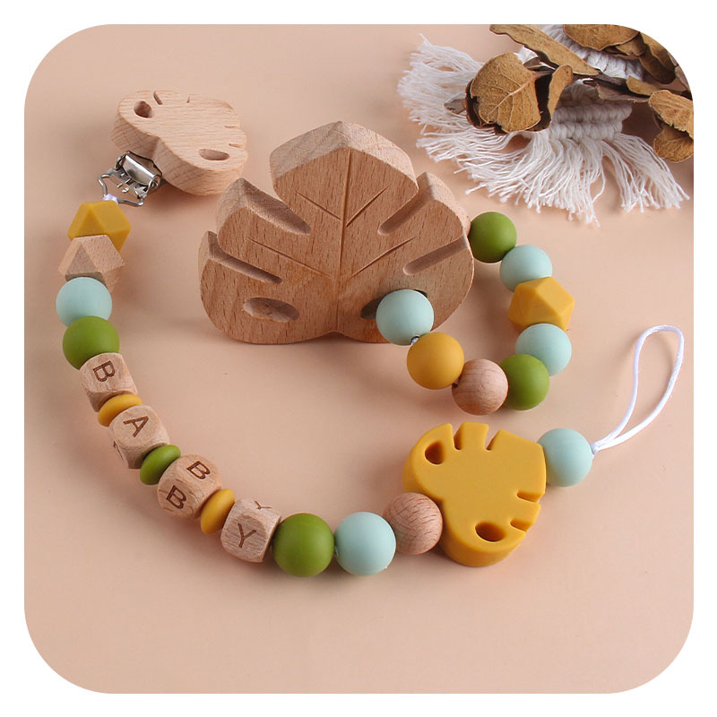 Baby Beech chupete clip Beech Leaf Toy teether nombre del bebé personalizable silicona hoja chupete cadena