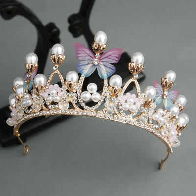 欧式新娘结婚饰品手工王冠水晶头饰蝴蝶皇冠水钻金色婚纱影楼发饰|ms