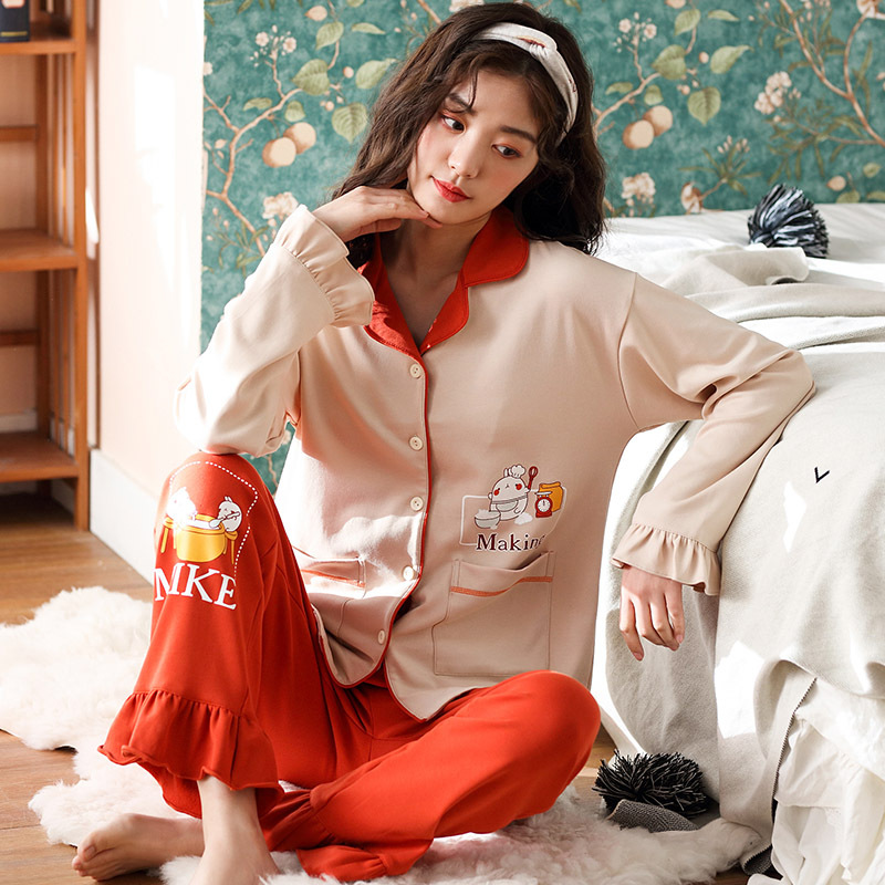 Cardigan de algodón para mujer Pijamas PRIMAVERA/otoño/invierno suelto 100% algodón de dibujos animados desgaste del hogar ocio traje de dos piezas