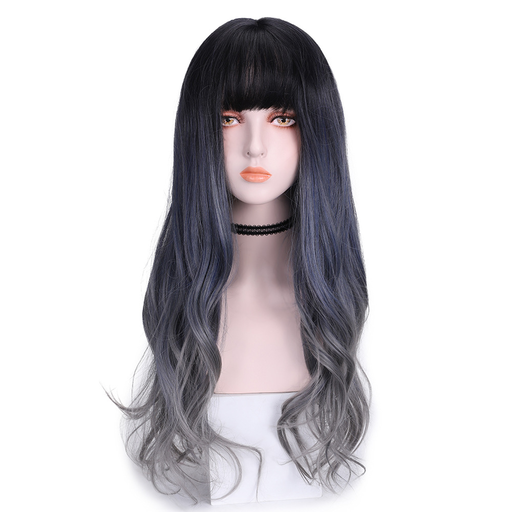 Perruque synthétique femme cheveux longs grande vague dégradé bleu gris Internet rouge populaire ensemble tête complète_voghion.com