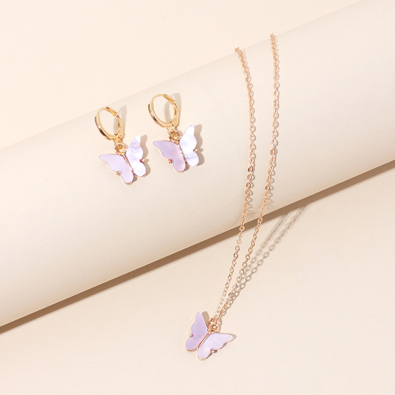 10g Weight Necklace Classification Wedding, Travel Occasion Alloy Material Circle Pattern Women'S Gender Pink, Purple, Green, Yellow Color Girls Fashion Butterfly Pendant Sen Earrings Clavicle Chain Super Fairy Earring Necklace 3