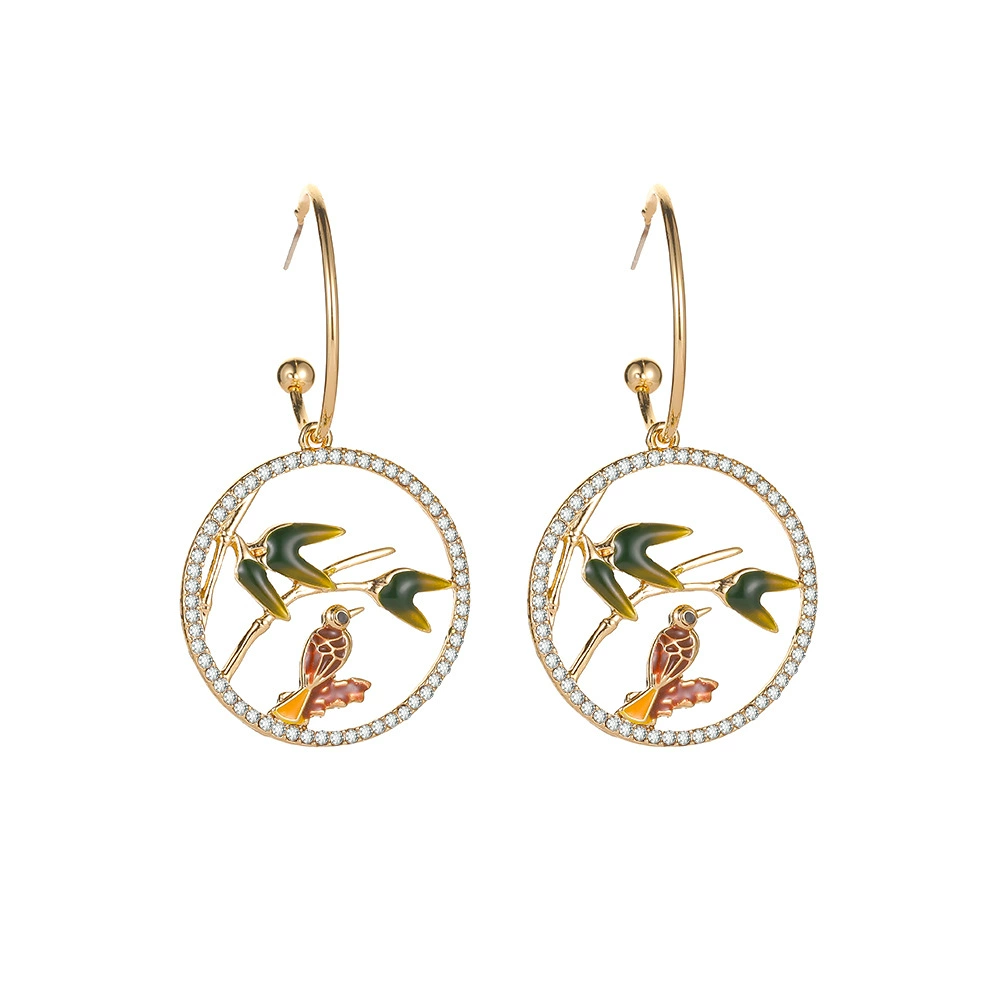 Ретро национальная трендовая серьга-веточка с кристаллами и птицей, натуральная, простая, ажурная круглая, в литературно-древнем стиле