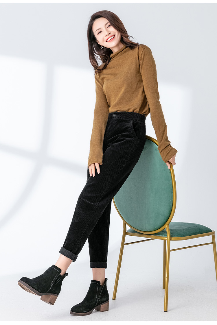 Quần culottes nữ ống rộng nhung kẻ dáng harem — Màu đen chi tiết 10