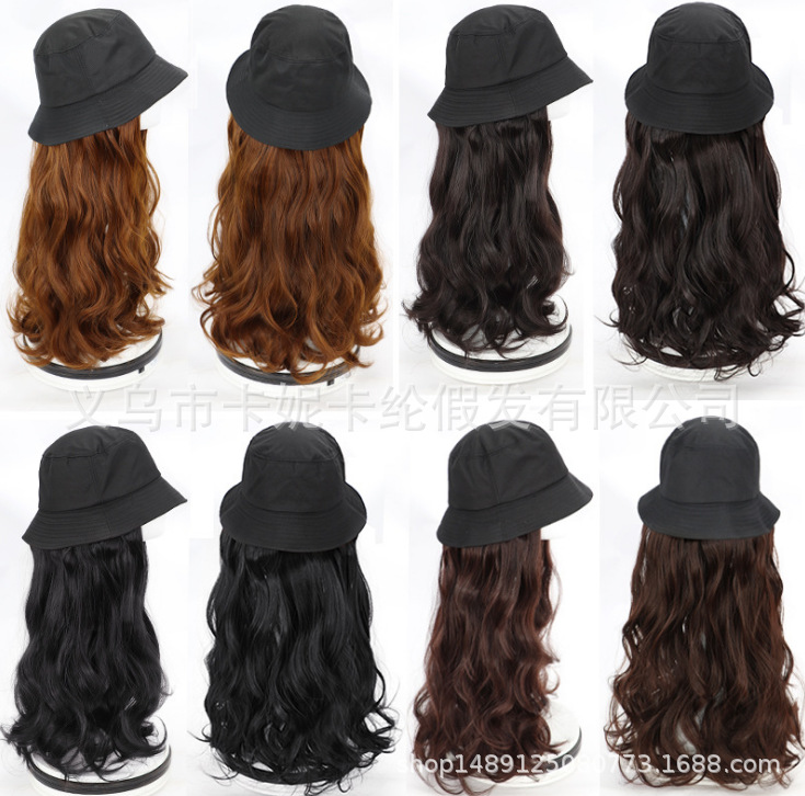 Perucas de cabello largo sombrero de moda con cabello largo rizado con sombrero de cabello falso en una mujer verano rojo en línea estilo de cabeza completa