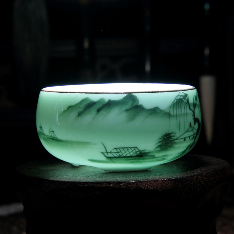 家用青瓷手绘陶瓷茶杯功夫茶具鲤鱼品茗杯创意景德镇茶碗茶盏批发