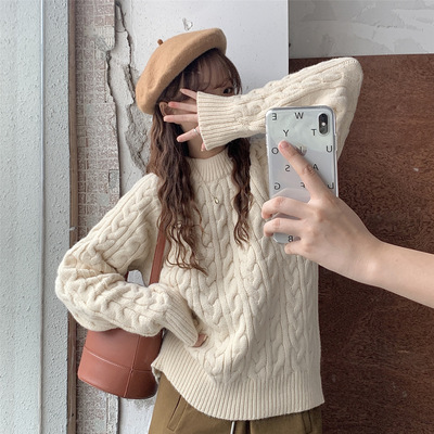 2020秋冬新款百搭軟糯麻花毛衣女寬松複古慵懶簡約針織毛線上衣