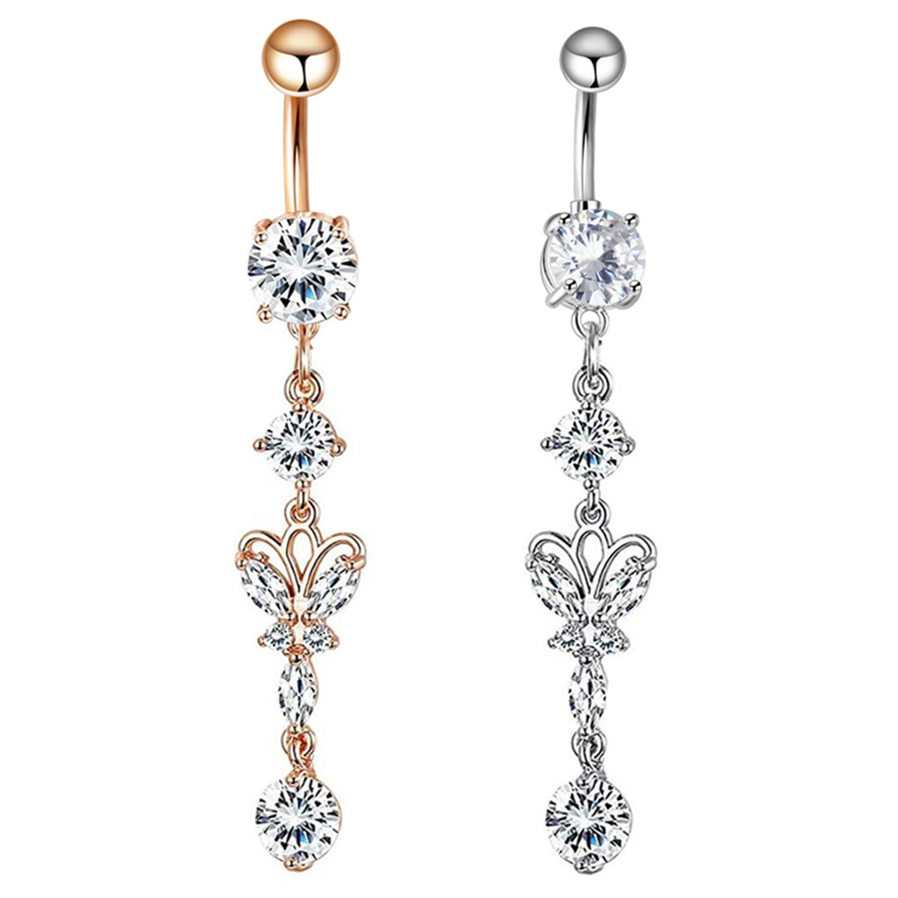 Rose Gold CZ Navel Ring 316L Surgical Steel Dangle Belly Button Ring Cross Border Jewelry detail image 4