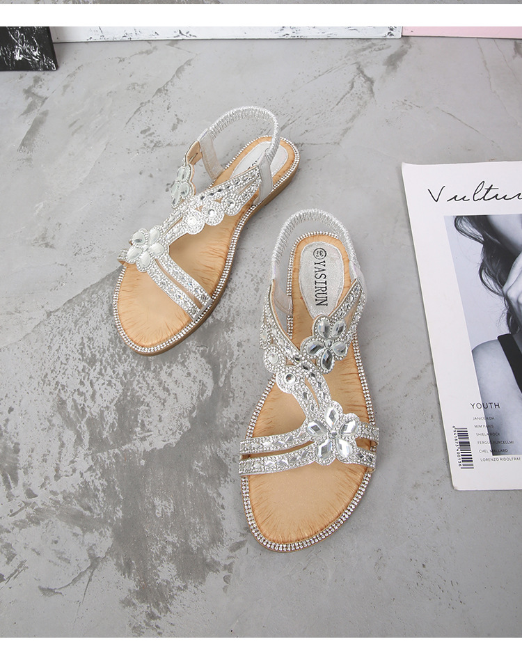 2024 New cross-border large-sized hollowed-out sandals, Bohemian-style women's shoes, summer comfortable flat diamond sandals undefined