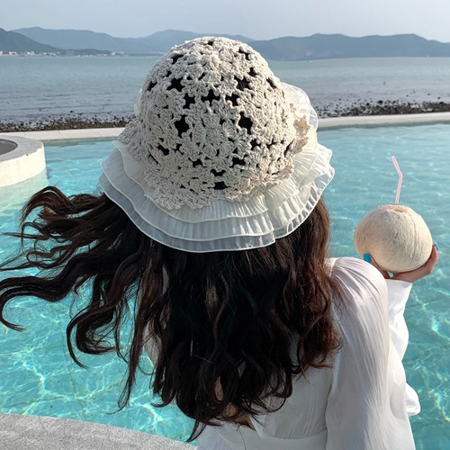 Hat women's all-match handmade cotton hat for all seasons, small fresh lace fisherman hat ins Korean version all-match sun hat