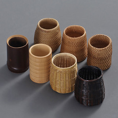 Handmade bamboo tea tube, tea set accessories, tea ceremony storage six gentleman tube, bamboo knotted rattan creative pen holder, chopstick basket