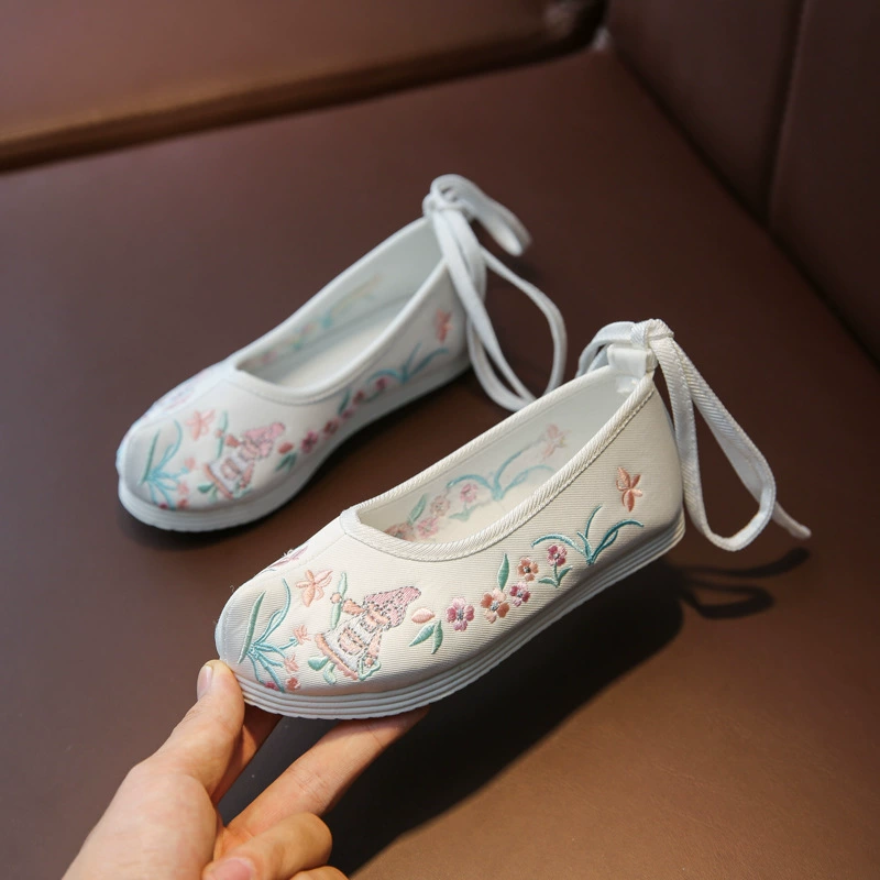 Hantangyong вышитые оригинальные туфли ханьфу для девочек на шнуровке, детская обувь с вышивкой, старинная Пекинская Тканевая обувь в старинном стиле, старинная костюмная обувь