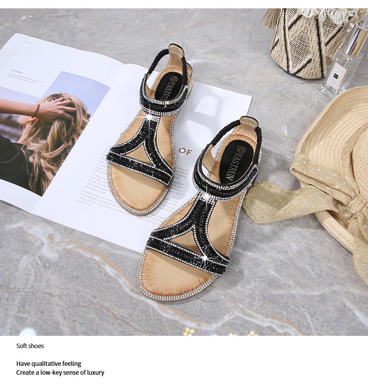 2025 New cross-border sandals Bohemian-style women's shoes summer hollowed-out flat diamond sandals Womanshoes undefined
