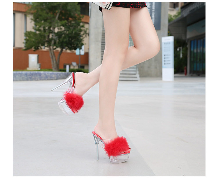 Dép sandal nữ gót nhọn siêu cao phối lông, quai trong suốt pha lê, mũi hở — Màu hồng, Màu trắng, Màu đen, Màu đỏ chi tiết 12