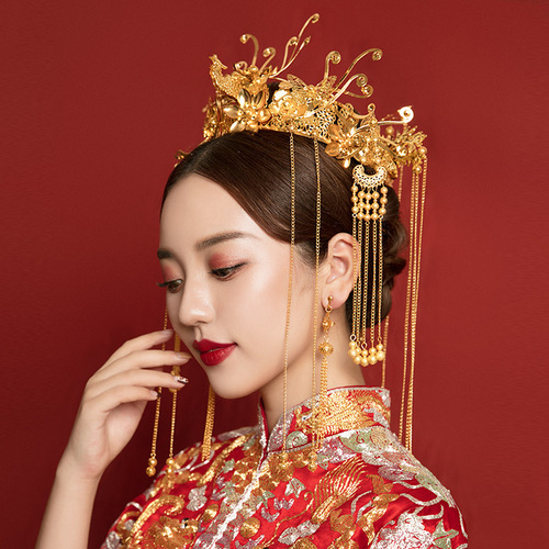 Bride's Xiuhe dress headdress, wedding Chinese-style Hewei hair accessory, ancient style hair crown, golden crown-style full round headdress, ancient costume