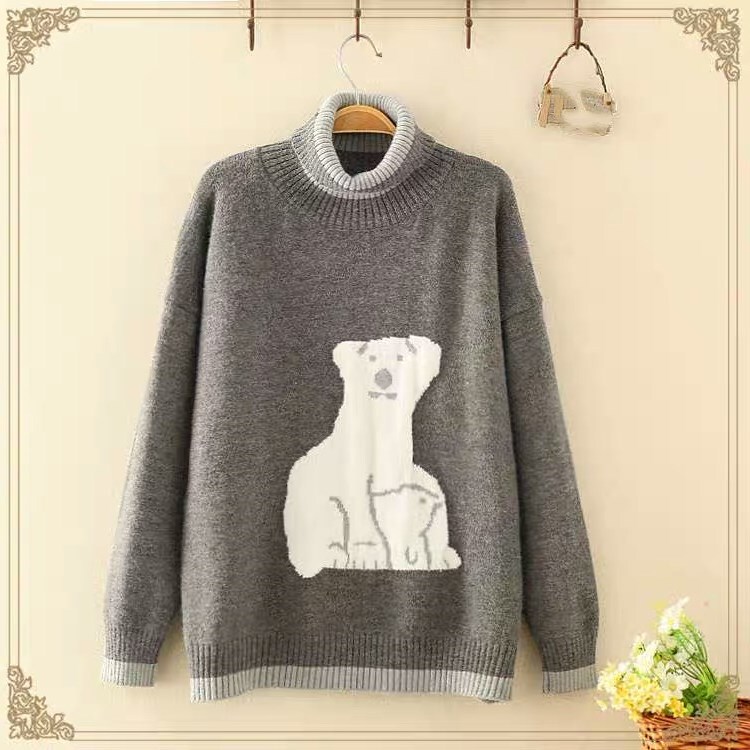 Women's 2020 Autumn and Winter New Polar Bear Turtleneck Long-sleeved Long-sleeved Sweater Loose All-match Knitted Sweater for Female Students