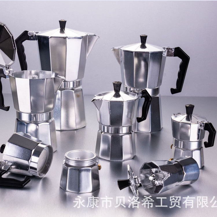 跨境八角鋁制咖啡壺噴漆彩色意式摩卡壺定制八角鋁制家用咖啡壺