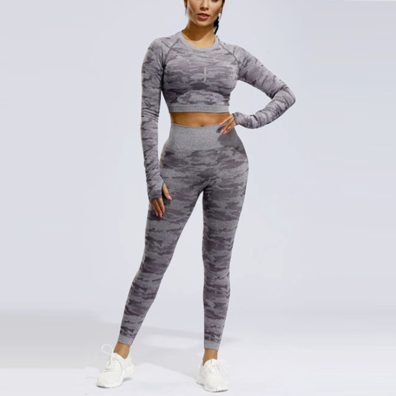 欧美迷彩长袖套装女上衣+高腰裤 弹修身健身瑜伽运动两件套