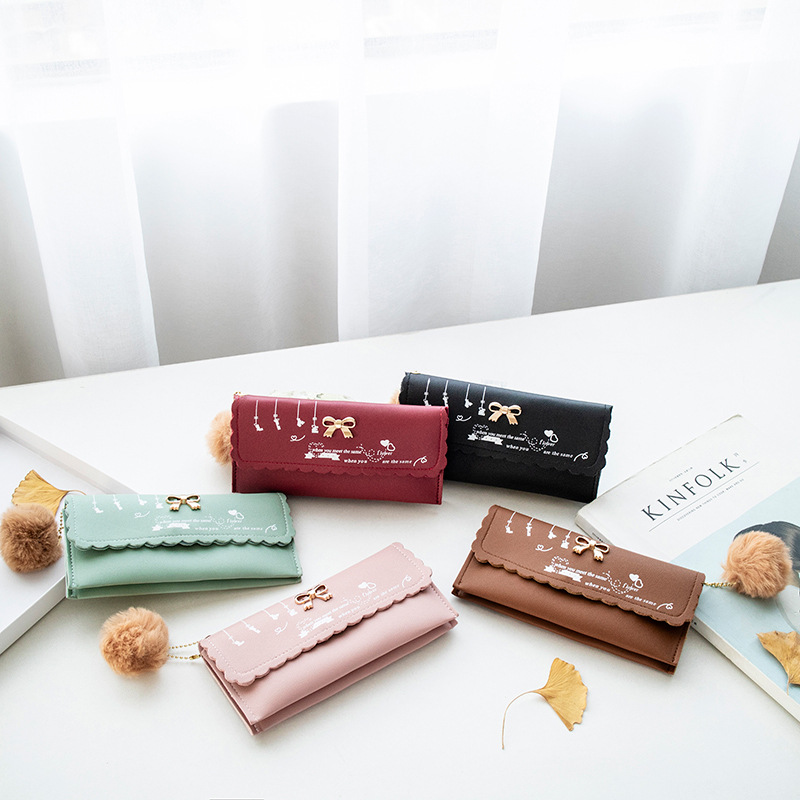 女式简易小钱包2020新款印花毛毛球多层零钱包时尚休闲礼品小包包|ru