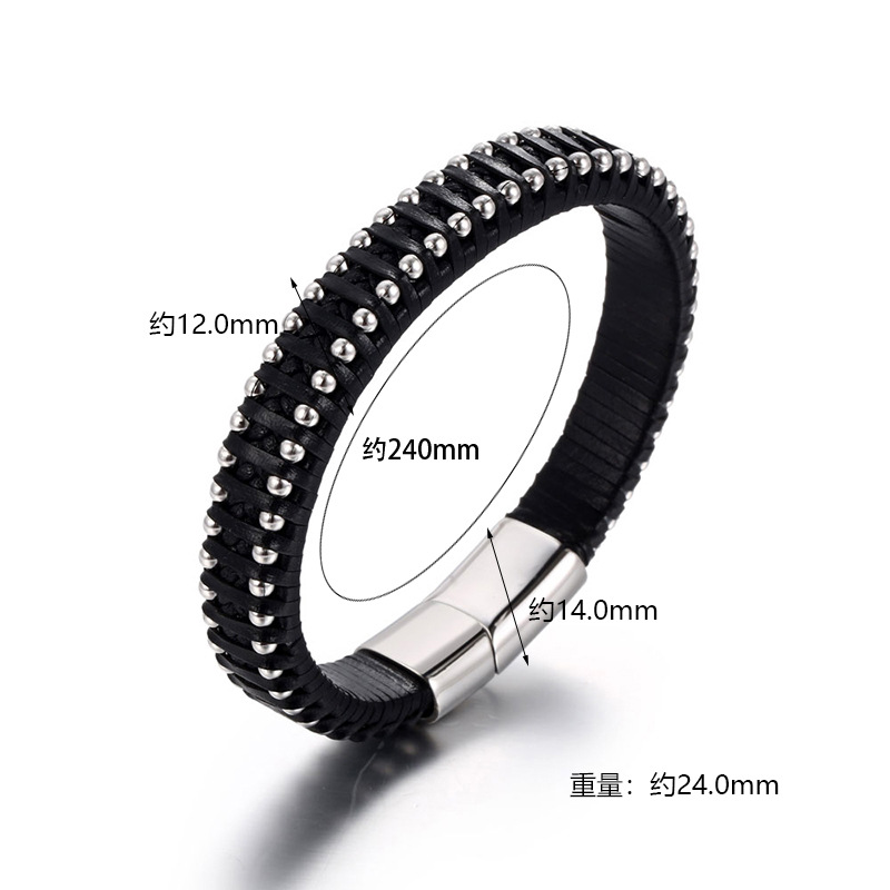 Leather Jewelry Stainless Steel Braided Leather Cord Cowhide Steel Ball Bracelet