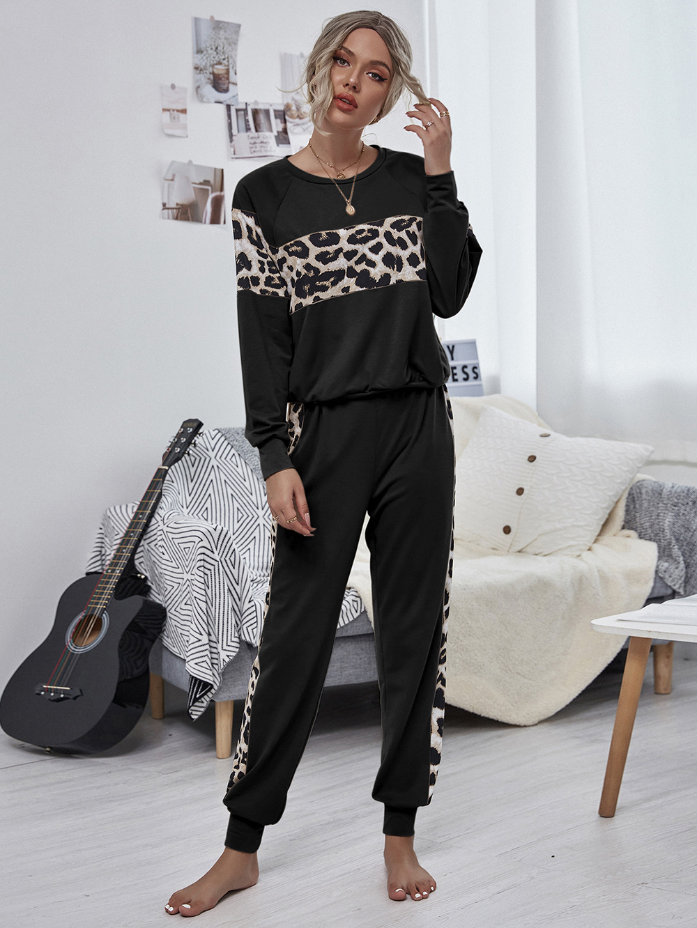 Sweater Women s Autumn Leopard Pattern Stitching Long Sleeve Round Neck Pullover Set NHDF91